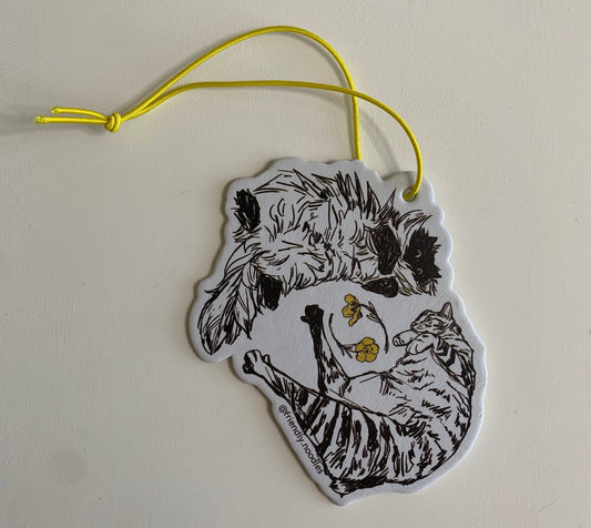 Flower Bois Air Freshener, car air freshener, cats, cat art, toe beans, fluffy cat, tabby, cute cat, meadow, flowers, friendly noodles