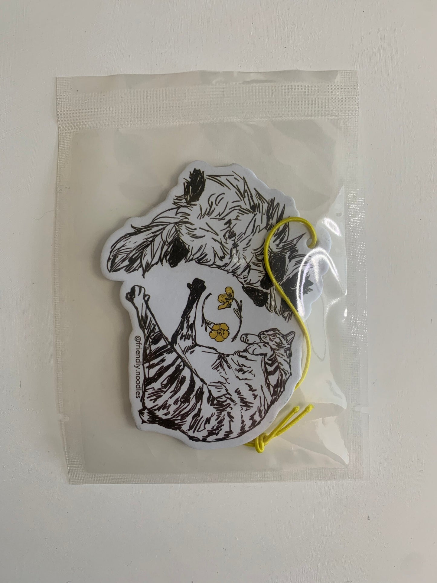 Flower Bois Air Freshener, car air freshener, cats, cat art, toe beans, fluffy cat, tabby, cute cat, meadow, flowers, friendly noodles